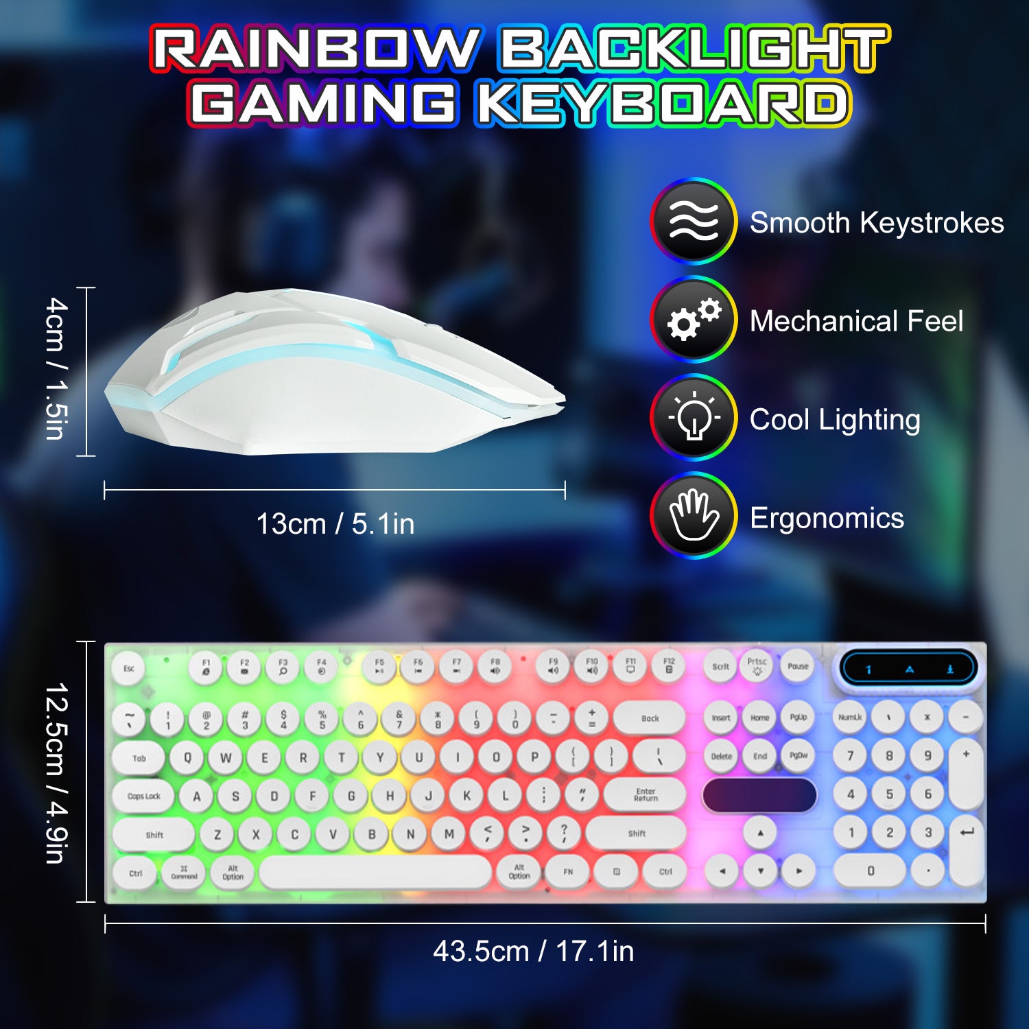 Gaming Keyboard and Mouse, Retro Punk LED Backlit Wired Computer Mouse and Keyboard Combo, for Game / Office, Windows Laptop PC (White)