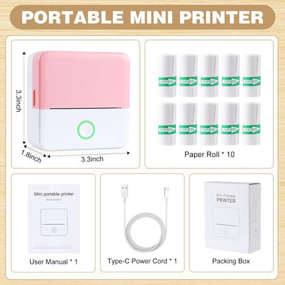 Thermal Mini Printer, Portable Inkless Bluetooth Sticker Maker with 10 Rolls Paper, Pink